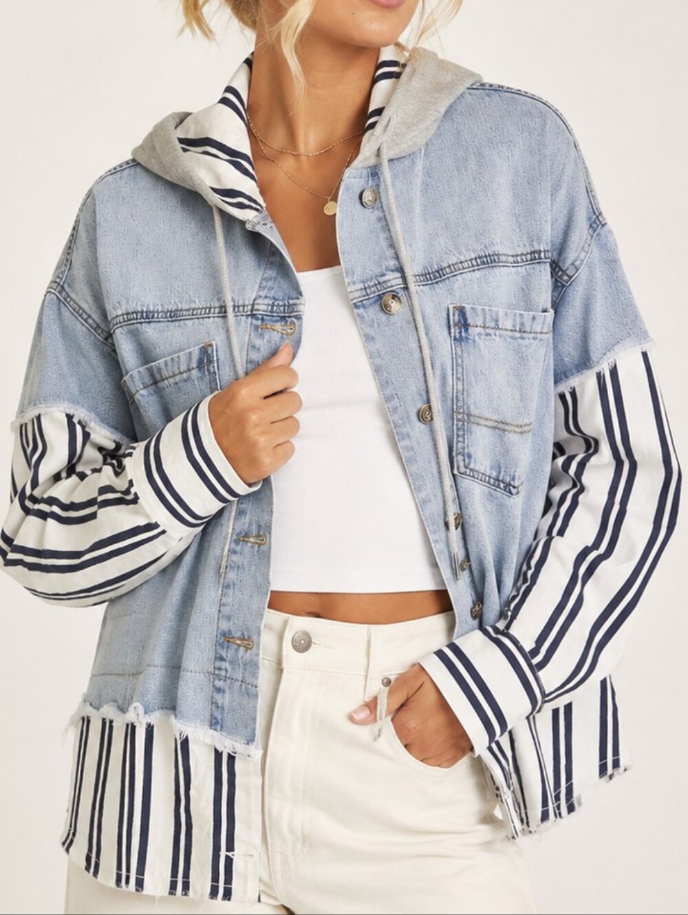 Dance & Marvel Hooded Denim Jacket/Shirt with Striped Shirt Insert. NWOT Sz S‎